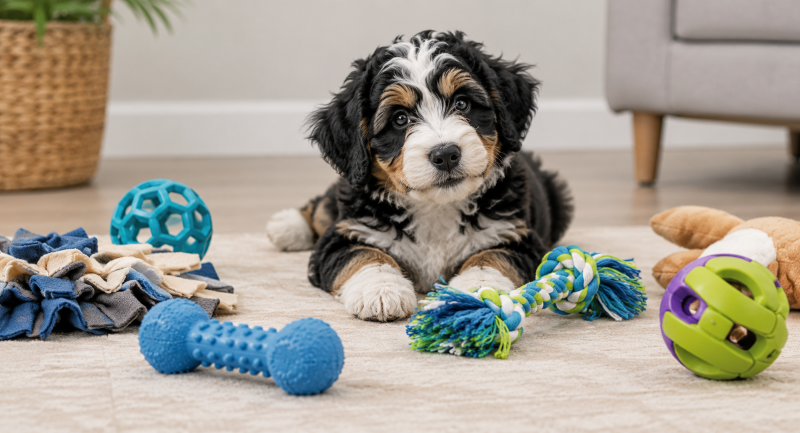 Puppy Among Colorful Toys